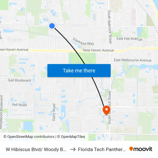 W Hibiscus Blvd/ Woody Burke Dr (Ne Corner) to Florida Tech Panther Aquatic Center map