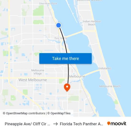 Pineapple Ave/ Cliff Cir Dr SW Corner to Florida Tech Panther Aquatic Center map
