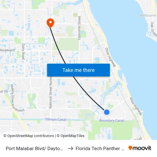 Port Malabar Blvd/ Daytona Dr (Ne Corner) to Florida Tech Panther Aquatic Center map