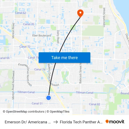Emerson Dr/ Americana St (Se Corner) to Florida Tech Panther Aquatic Center map