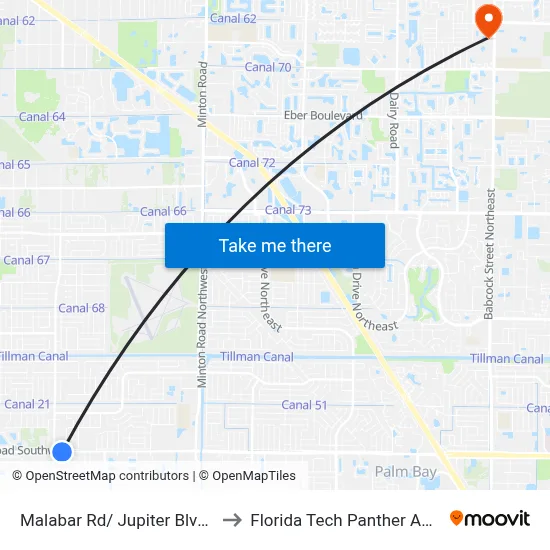 Malabar Rd/ Jupiter Blvd (Se Corner) to Florida Tech Panther Aquatic Center map