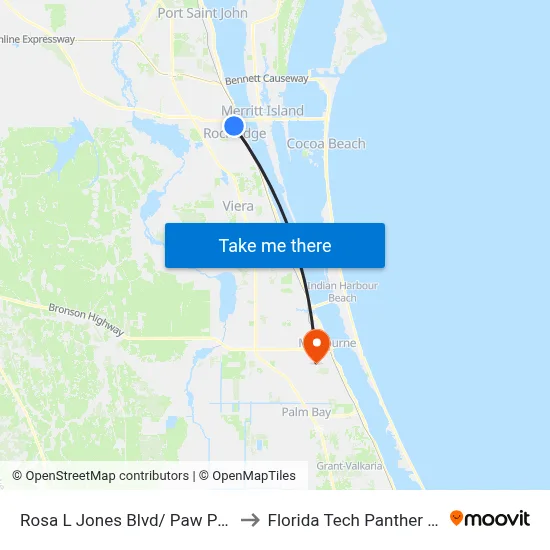 Rosa L Jones Blvd/ Paw Paw St (Ne Corner) to Florida Tech Panther Aquatic Center map