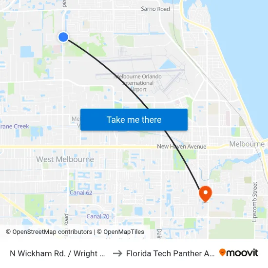 N Wickham Rd. / Wright Ave (Se Corner) to Florida Tech Panther Aquatic Center map