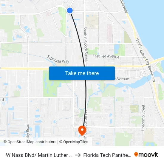 W Nasa Blvd/ Martin Luther King Blvd (Ne Corner) to Florida Tech Panther Aquatic Center map