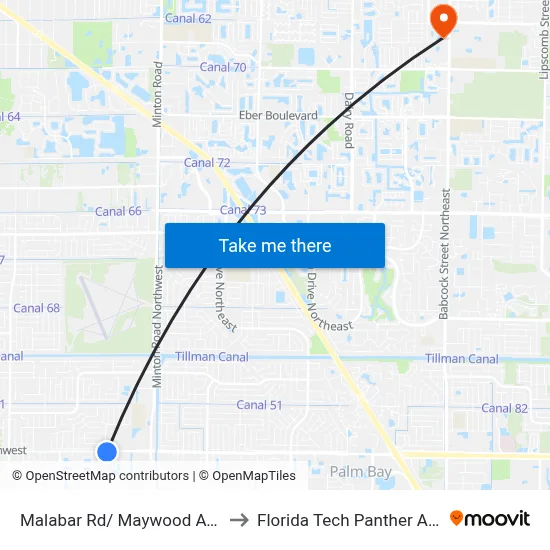 Malabar Rd/ Maywood Ave (Sw Corner) to Florida Tech Panther Aquatic Center map