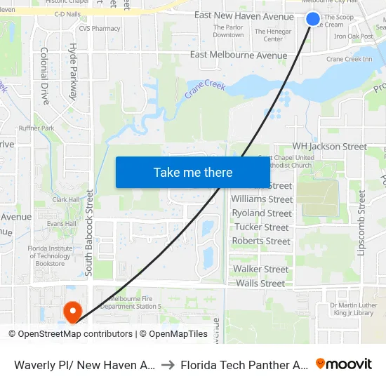 Waverly Pl/ New Haven Ave (Se Corner) to Florida Tech Panther Aquatic Center map