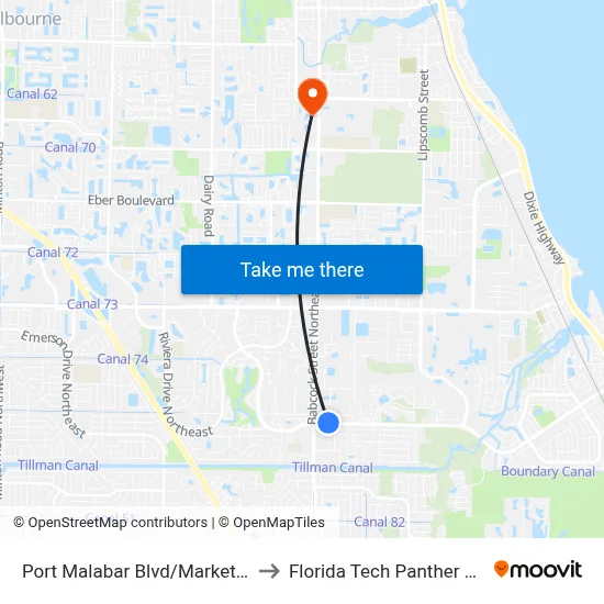 Port Malabar Blvd/Market Cir (Nw Corner) to Florida Tech Panther Aquatic Center map