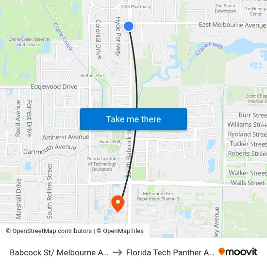 Babcock St/ Melbourne Ave (Nw Corner) to Florida Tech Panther Aquatic Center map