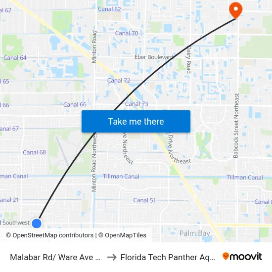Malabar Rd/ Ware Ave (Se Corner) to Florida Tech Panther Aquatic Center map