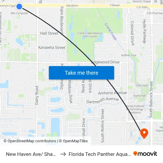 New Haven Ave/ Shannon Ave to Florida Tech Panther Aquatic Center map