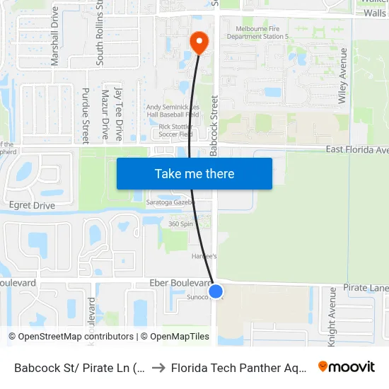 Babcock St/ Pirate Ln (Se Corner) to Florida Tech Panther Aquatic Center map