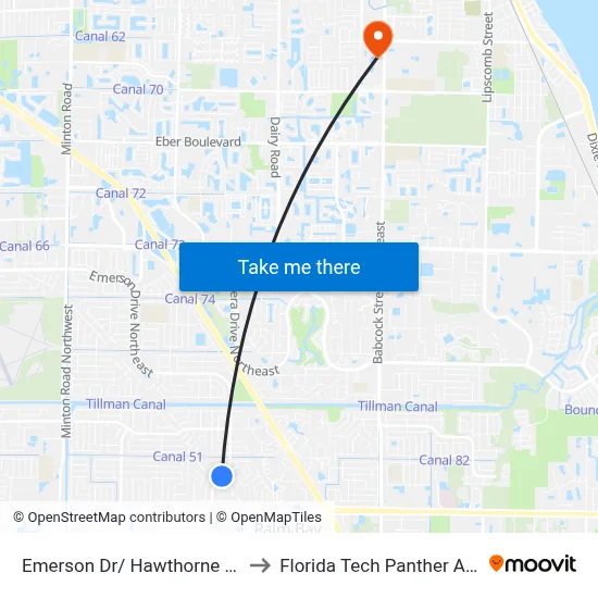 Emerson Dr/ Hawthorne Ln (Ne Corner) to Florida Tech Panther Aquatic Center map