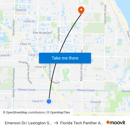 Emerson Dr/ Lexington St (Nw Corner) to Florida Tech Panther Aquatic Center map