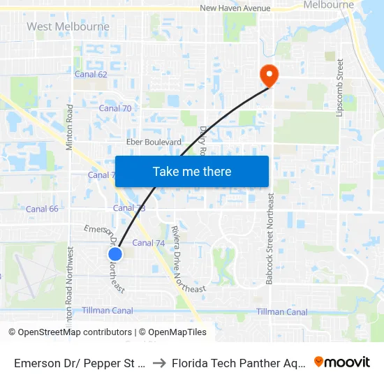 Emerson Dr/ Pepper St (Ne Corner) to Florida Tech Panther Aquatic Center map