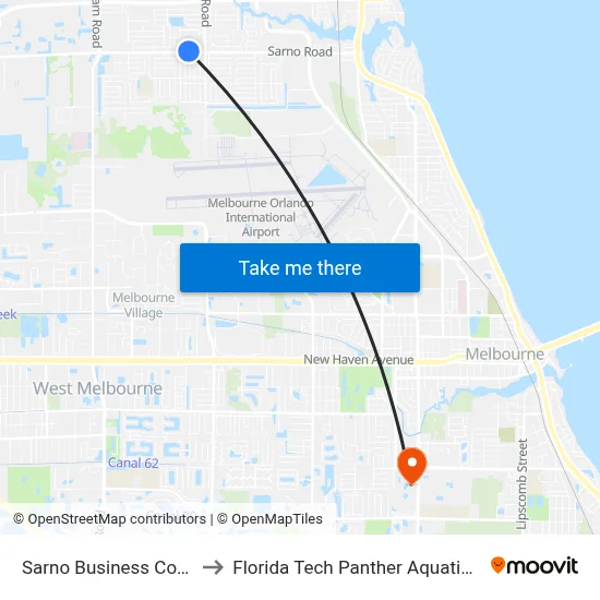 Sarno Business Complex to Florida Tech Panther Aquatic Center map
