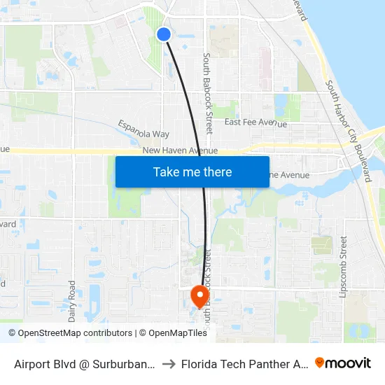 Airport Blvd @ Surburban Extended Stay to Florida Tech Panther Aquatic Center map