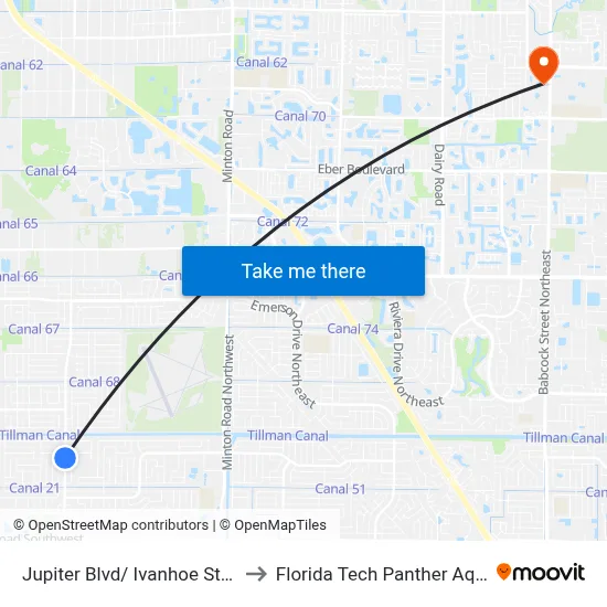 Jupiter Blvd/ Ivanhoe St (Nw Corner) to Florida Tech Panther Aquatic Center map