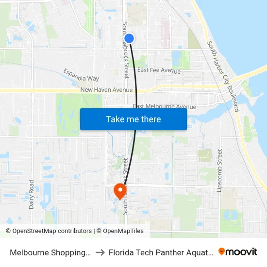 Melbourne Shopping Center to Florida Tech Panther Aquatic Center map