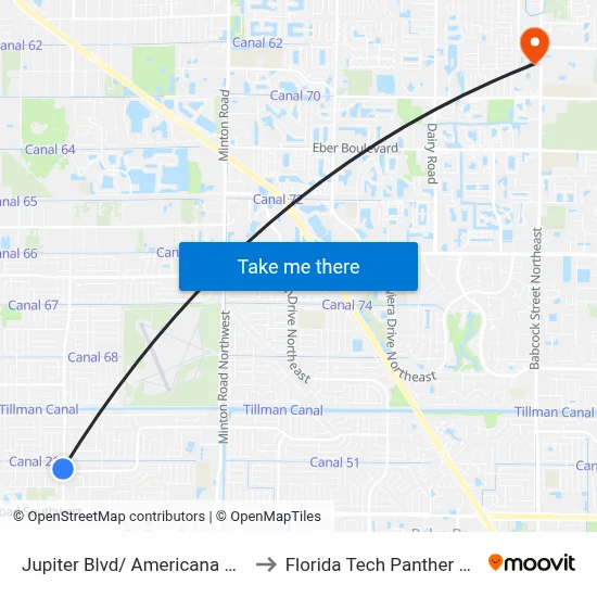 Jupiter Blvd/ Americana Blvd (Nw Corner) to Florida Tech Panther Aquatic Center map