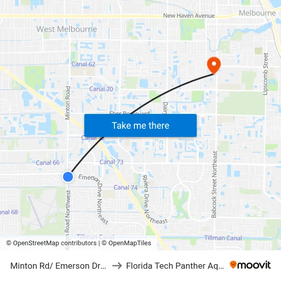 Minton Rd/ Emerson Dr (Se Corner) to Florida Tech Panther Aquatic Center map
