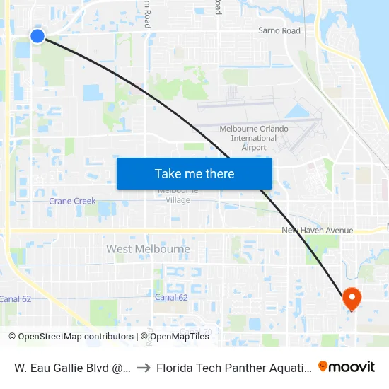 W. Eau Gallie Blvd @ Wawa to Florida Tech Panther Aquatic Center map