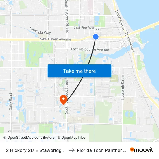 S Hickory St/ E Stawbridge Ave (Ne Corner) to Florida Tech Panther Aquatic Center map