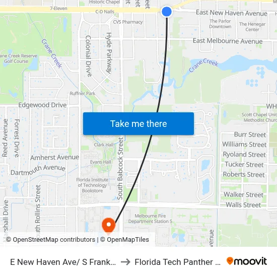 E New Haven Ave/ S Franklin St (Sw Corner) to Florida Tech Panther Aquatic Center map