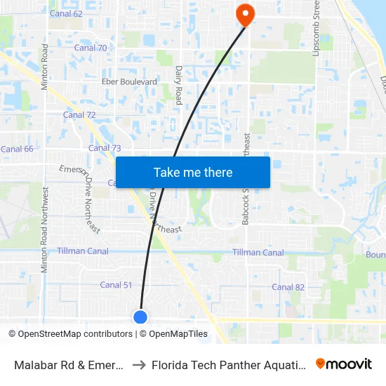 Malabar Rd & Emerson Dr to Florida Tech Panther Aquatic Center map