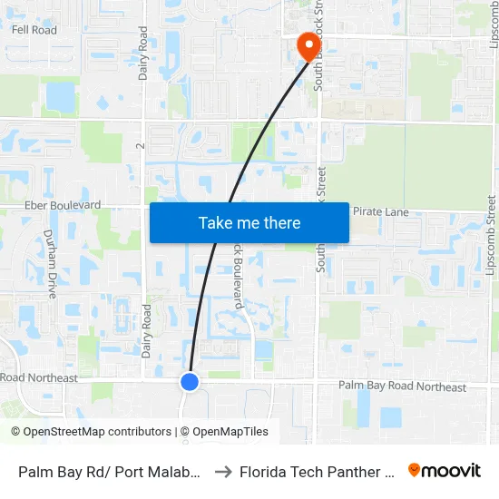 Palm Bay Rd/ Port Malabar Rd (Se Corner) to Florida Tech Panther Aquatic Center map