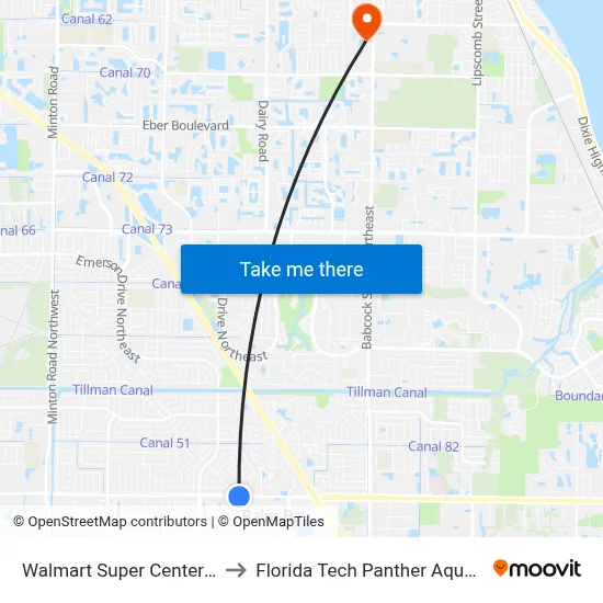 Walmart Super Center Malabar to Florida Tech Panther Aquatic Center map