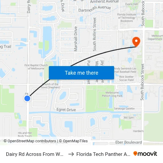 Dairy Rd Across From Whispering Pines to Florida Tech Panther Aquatic Center map
