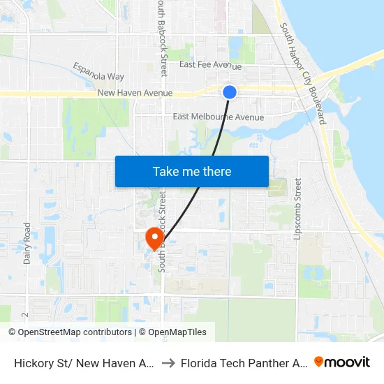 Hickory St/ New Haven Ave (Nw Corner) to Florida Tech Panther Aquatic Center map