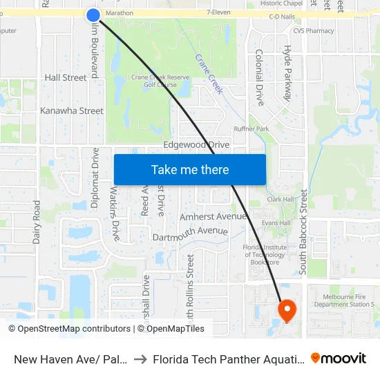 New Haven Ave/ Palm Blvd to Florida Tech Panther Aquatic Center map