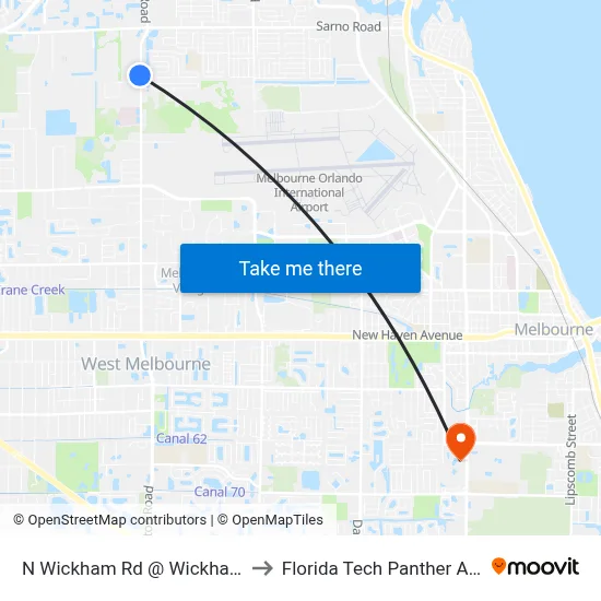N Wickham Rd @ Wickham Village Apts to Florida Tech Panther Aquatic Center map