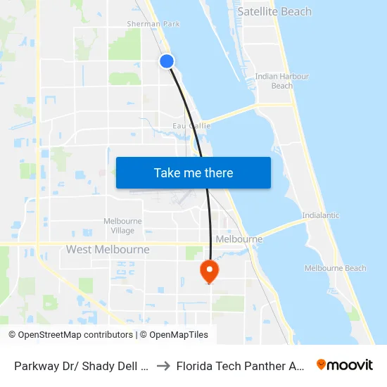 Parkway Dr/ Shady Dell Ln SE Corner to Florida Tech Panther Aquatic Center map