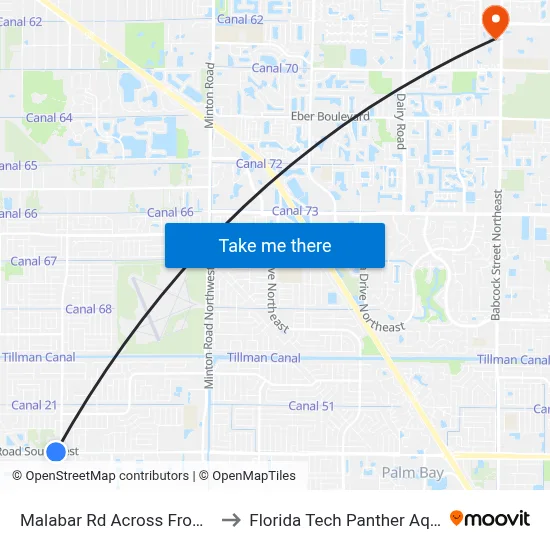 Malabar Rd Across From Post Office to Florida Tech Panther Aquatic Center map