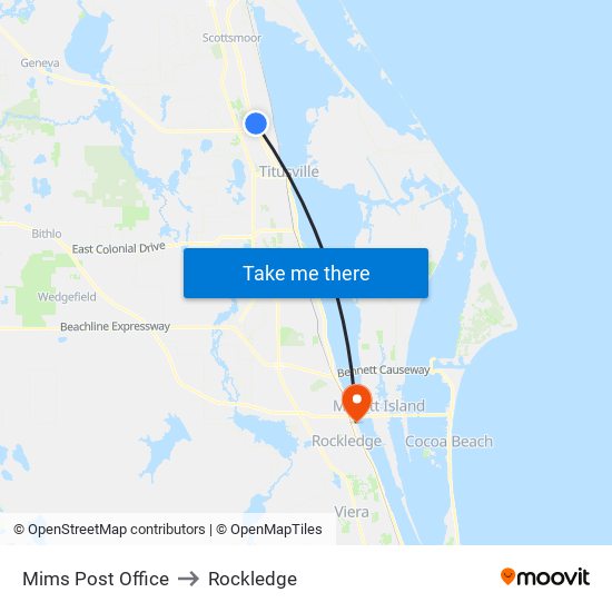 Mims Post Office to Rockledge map