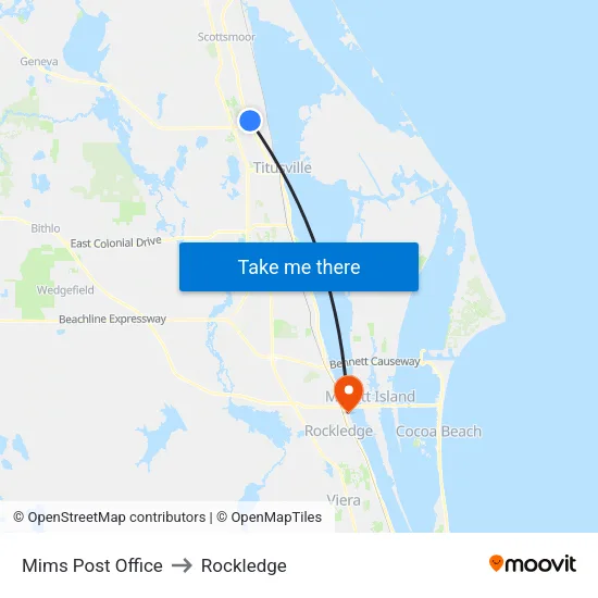 Mims Post Office to Rockledge map