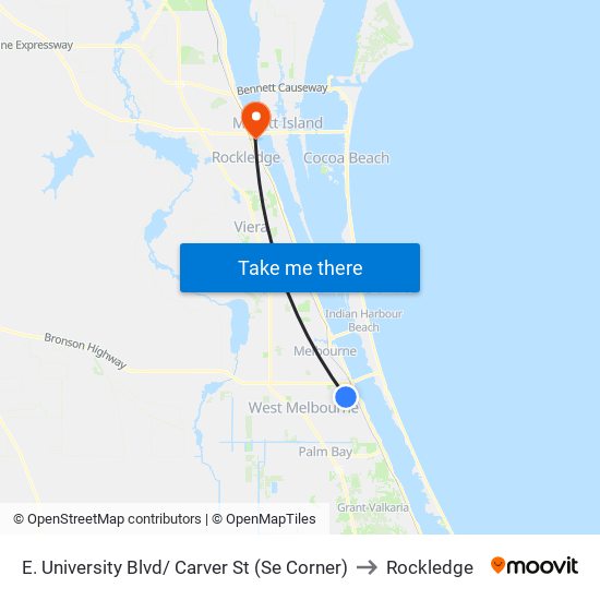 E. University Blvd/ Carver St (Se Corner) to Rockledge map