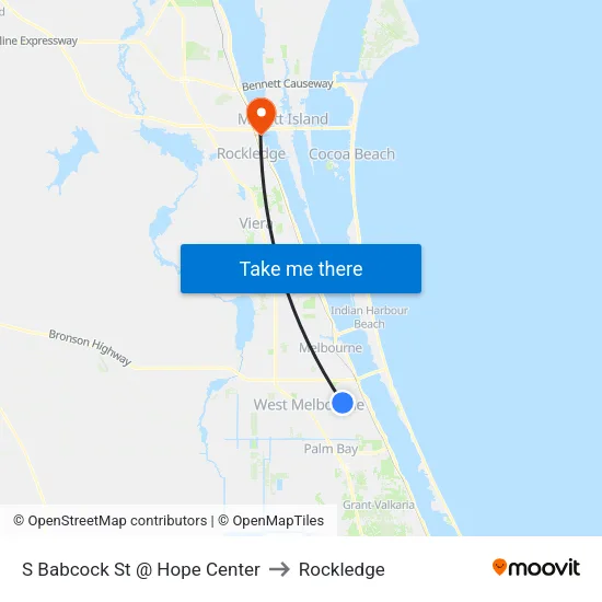 S Babcock St @ Hope Center to Rockledge map
