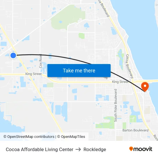 Cocoa Affordable Living Center to Rockledge map