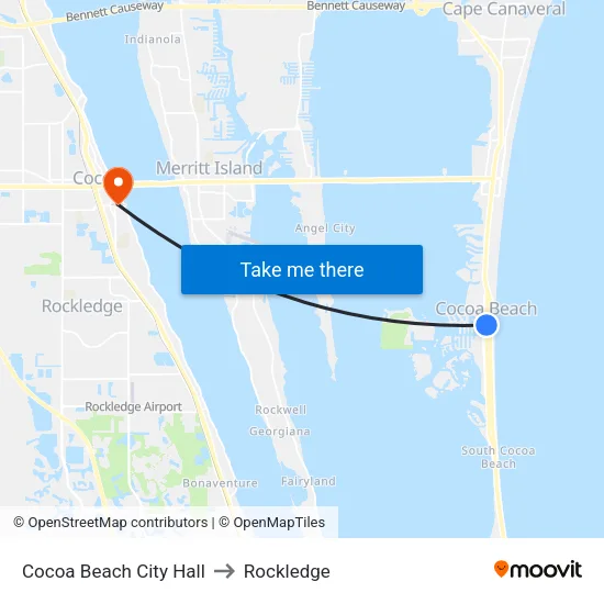 Cocoa Beach City Hall to Rockledge map