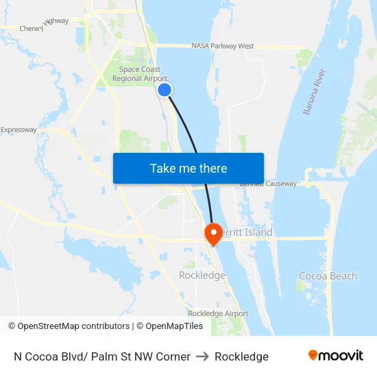 N Cocoa Blvd/ Palm St NW Corner to Rockledge map