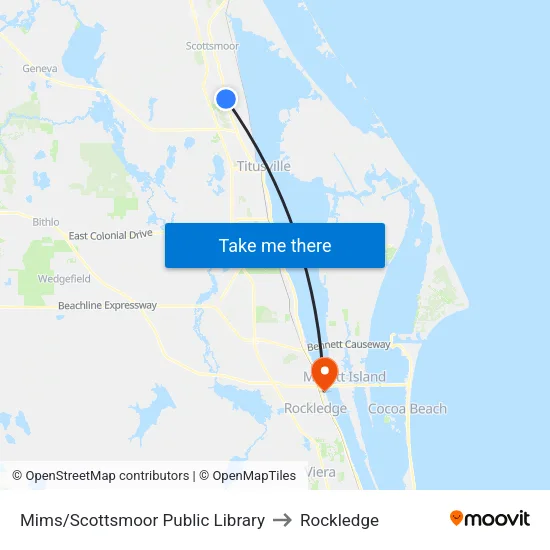 Mims/Scottsmoor Public Library to Rockledge map