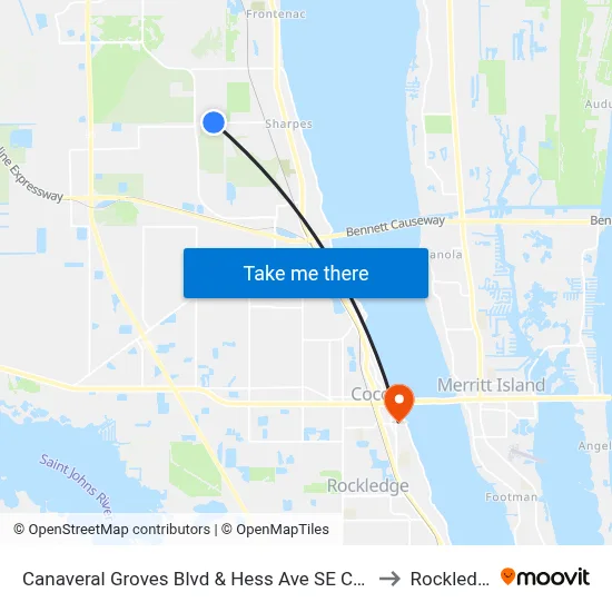 Canaveral Groves Blvd & Hess Ave SE Corner to Rockledge map