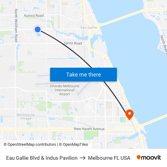 Eau Gallie Blvd & Indus Pavilion to Melbourne FL USA map