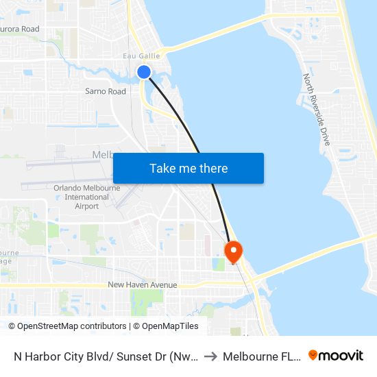 N Harbor City Blvd/ Sunset Dr (Nw Corner) to Melbourne FL USA map