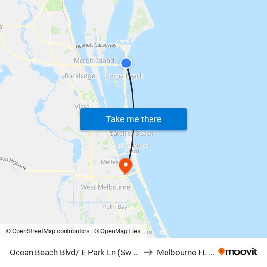 Ocean Beach Blvd/ E Park Ln (Sw Corner) to Melbourne FL USA map
