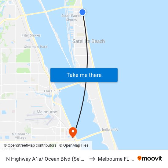 N Highway A1a/ Ocean Blvd (Se Corner) to Melbourne FL USA map