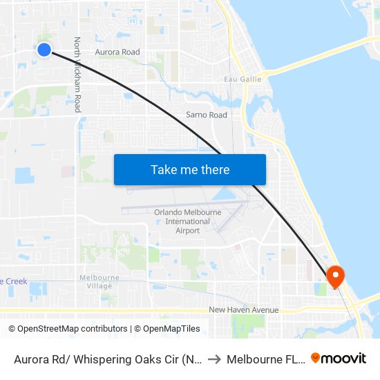 Aurora Rd/ Whispering Oaks Cir (Ne Corner) to Melbourne FL USA map